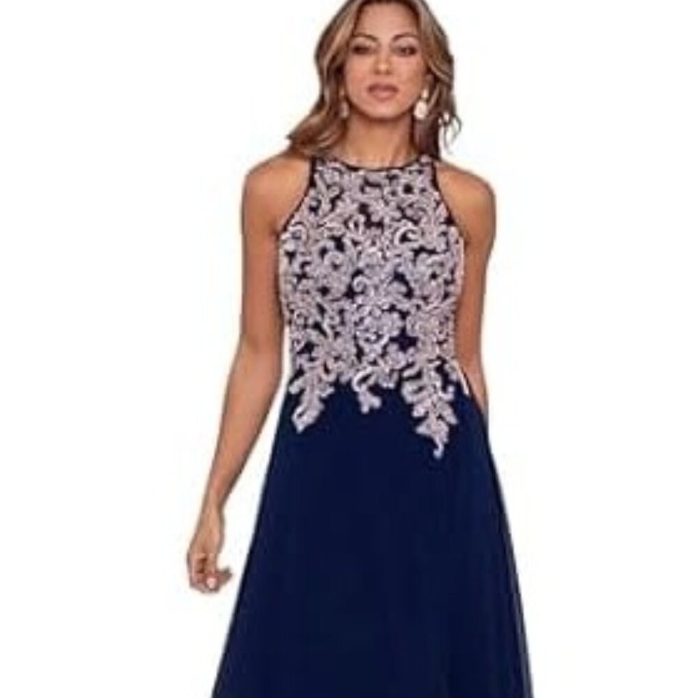 Betsy & Adam Cocktail Gown Navy & Rose Gold